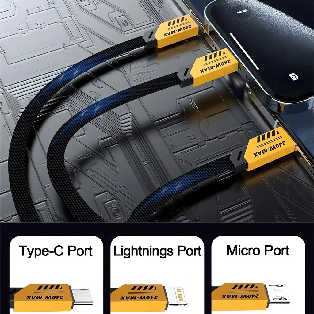 Cable de Carga Rápida 240W 3‑en‑2 — USB‑C / Micro USB / iPhone (1.2m)