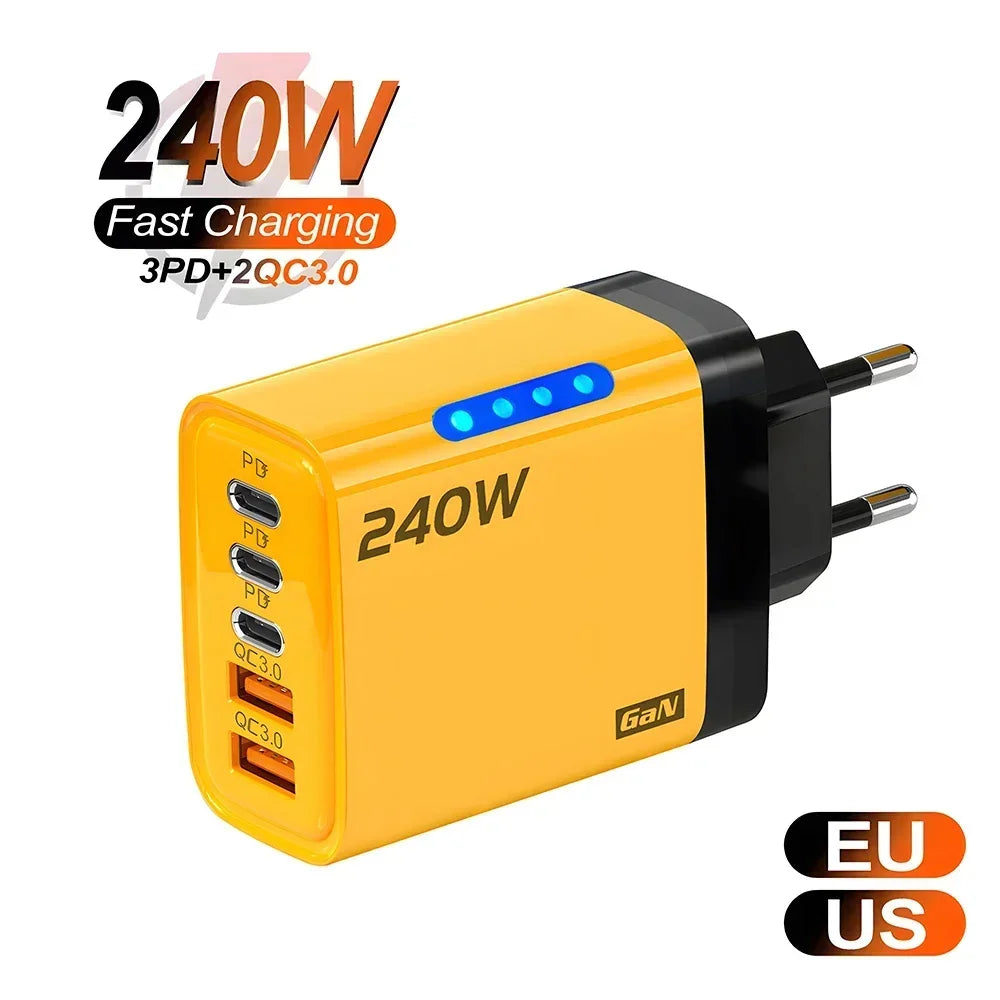 Cargador GaN 240W 5‑en‑1 con USB‑C y USB — Carga Rápida para Móvil y Portátil