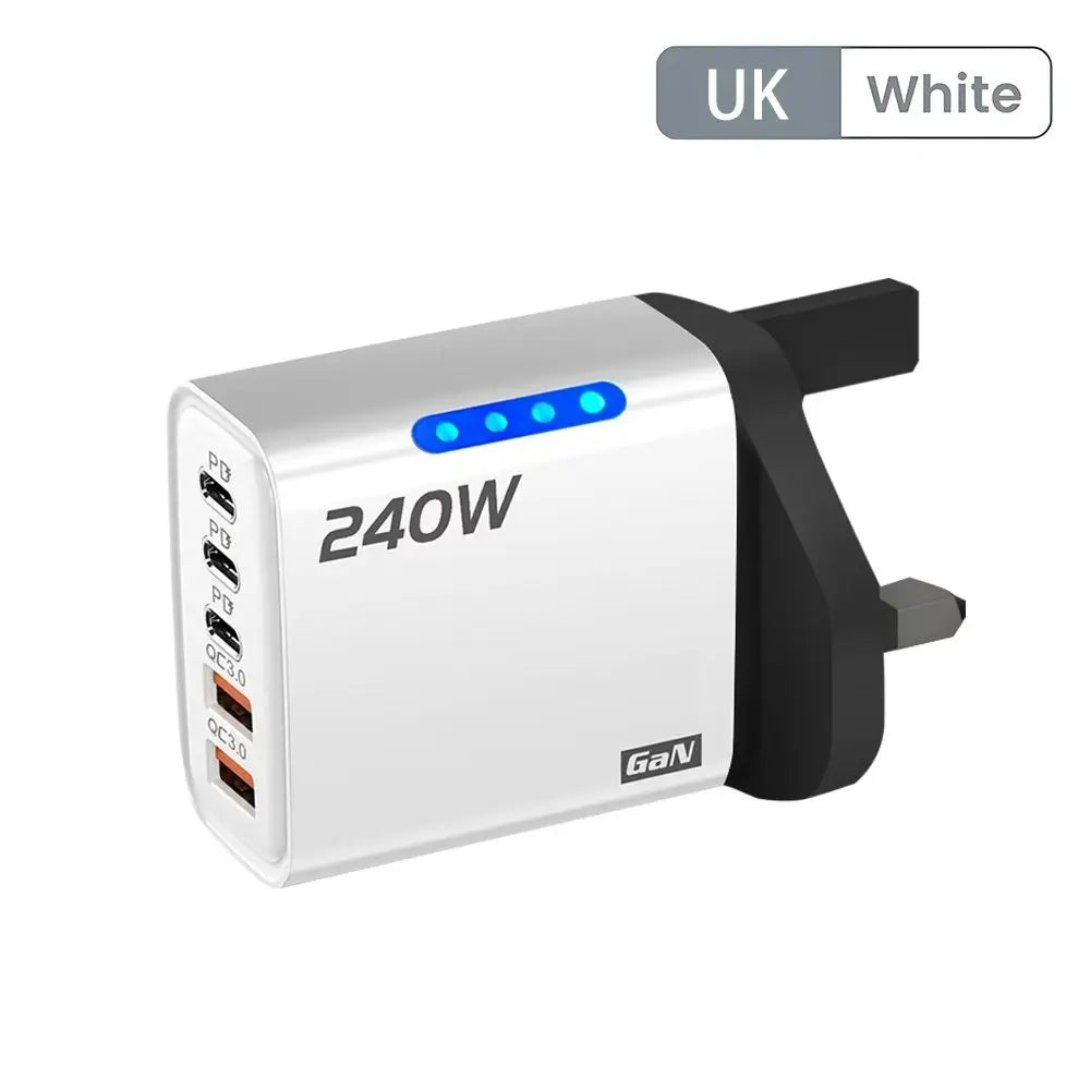 Cargador GaN 240W 5‑en‑1 con USB‑C y USB — Carga Rápida para Móvil y Portátil