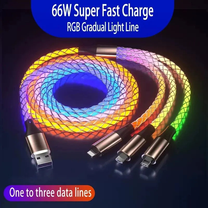 Cable de Carga Rápida 6A 3‑en‑1 con Luz RGB – USB‑C / Micro USB / iPhone (1.2m)