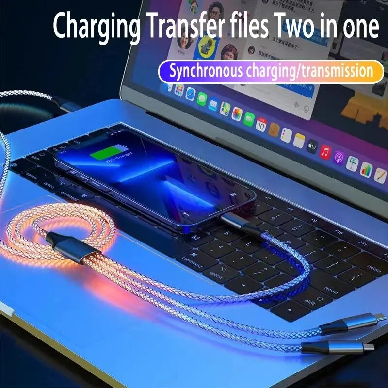 Cable de Carga Rápida 6A 3‑en‑1 con Luz RGB – USB‑C / Micro USB / iPhone (1.2m)