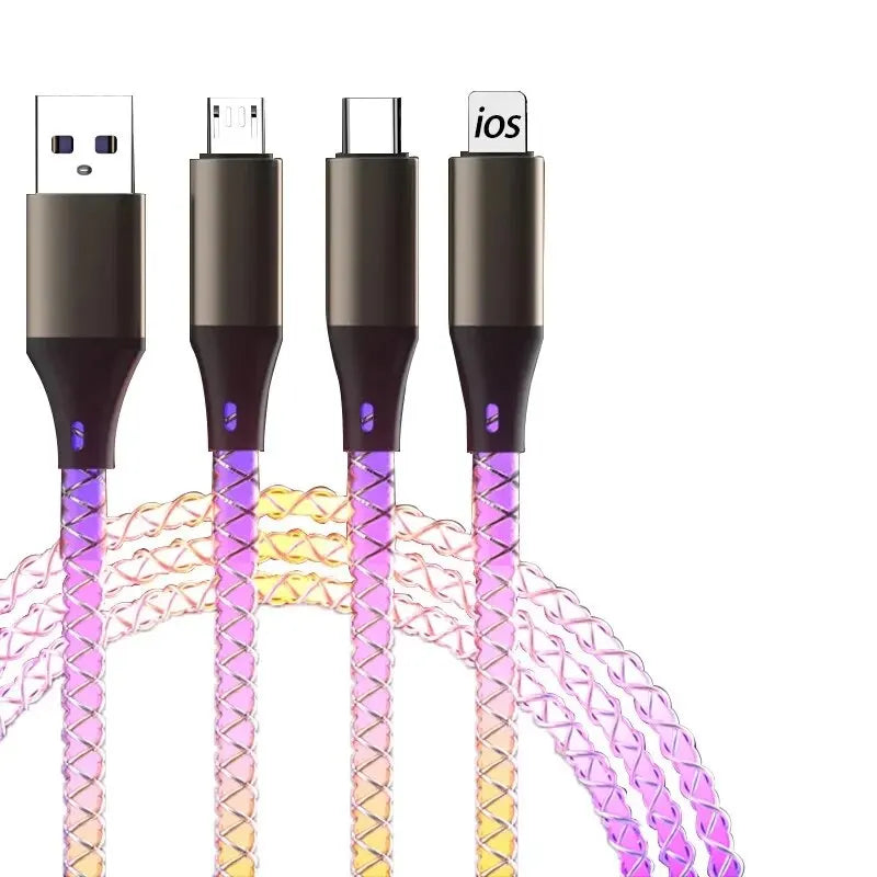 Cable de Carga Rápida 6A 3‑en‑1 con Luz RGB – USB‑C / Micro USB / iPhone (1.2m)
