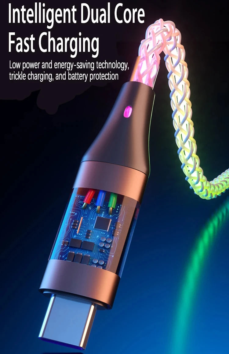 Cable de Carga Rápida 6A 3‑en‑1 con Luz RGB – USB‑C / Micro USB / iPhone (1.2m)