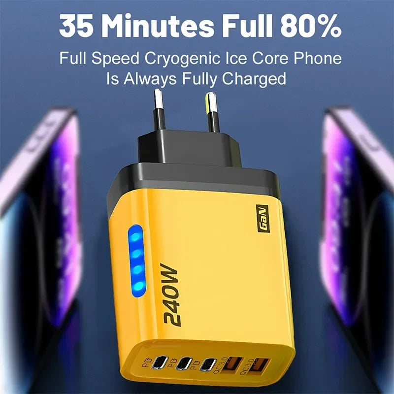 Cargador GaN 240W 5‑en‑1 con USB‑C y USB — Carga Rápida para Móvil y Portátil