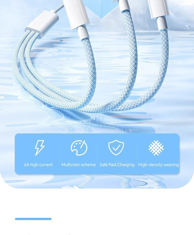 Cable de Carga Rápida 100W 3‑en‑1 — USB‑C / Micro USB / iPhone
