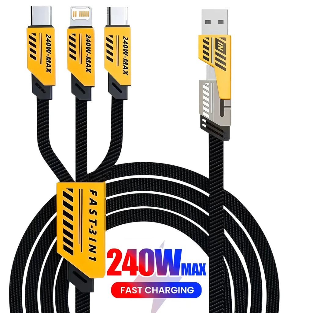 Cable de Carga Rápida 240W 3‑en‑2 — USB‑C / Micro USB / iPhone (1.2m)