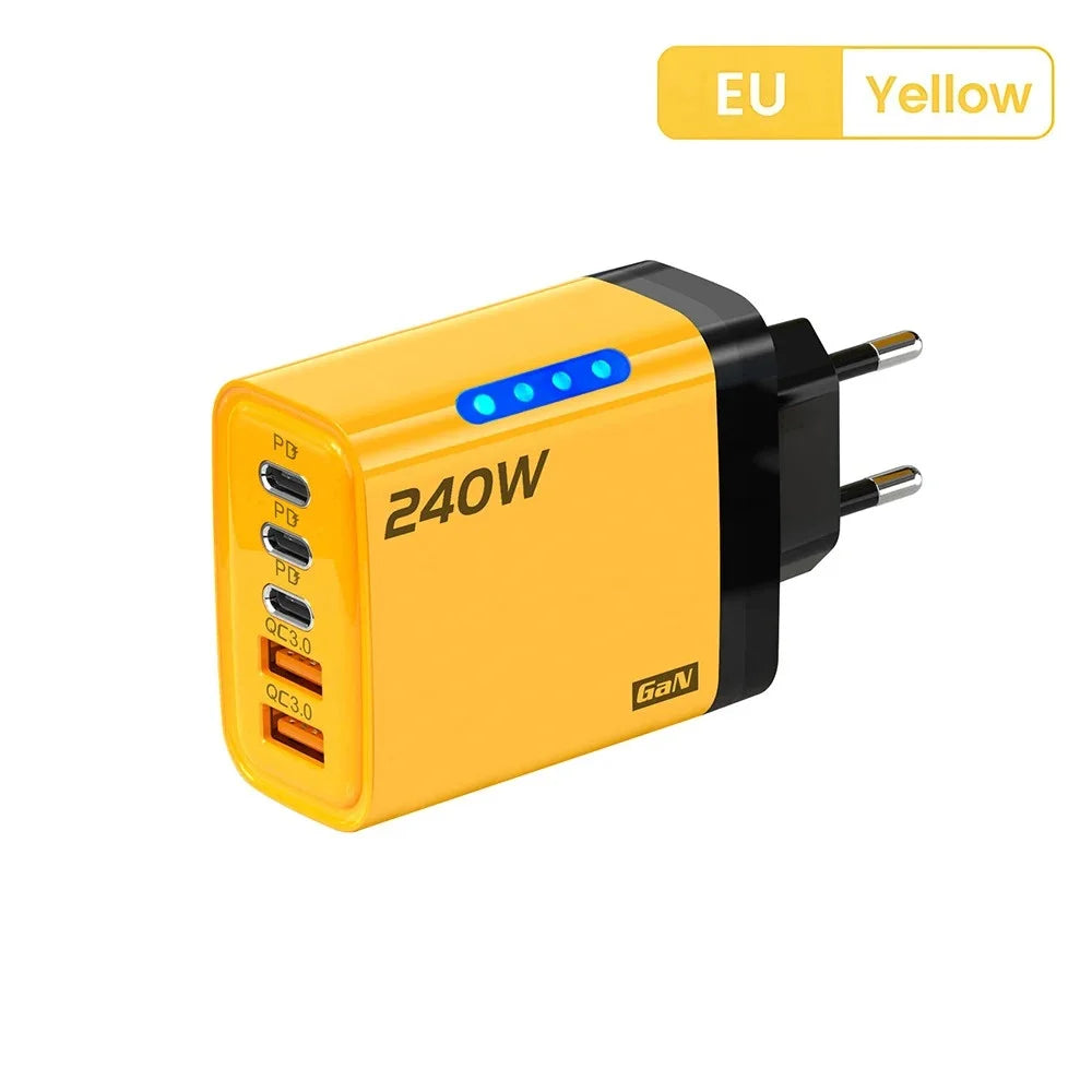 Cargador GaN 240W 5‑en‑1 con USB‑C y USB — Carga Rápida para Móvil y Portátil