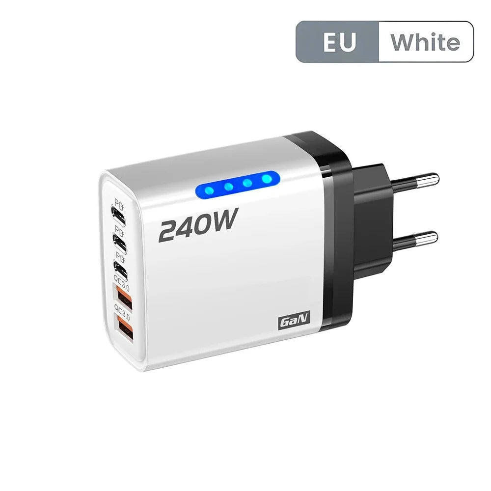 Cargador GaN 240W 5‑en‑1 con USB‑C y USB — Carga Rápida para Móvil y Portátil