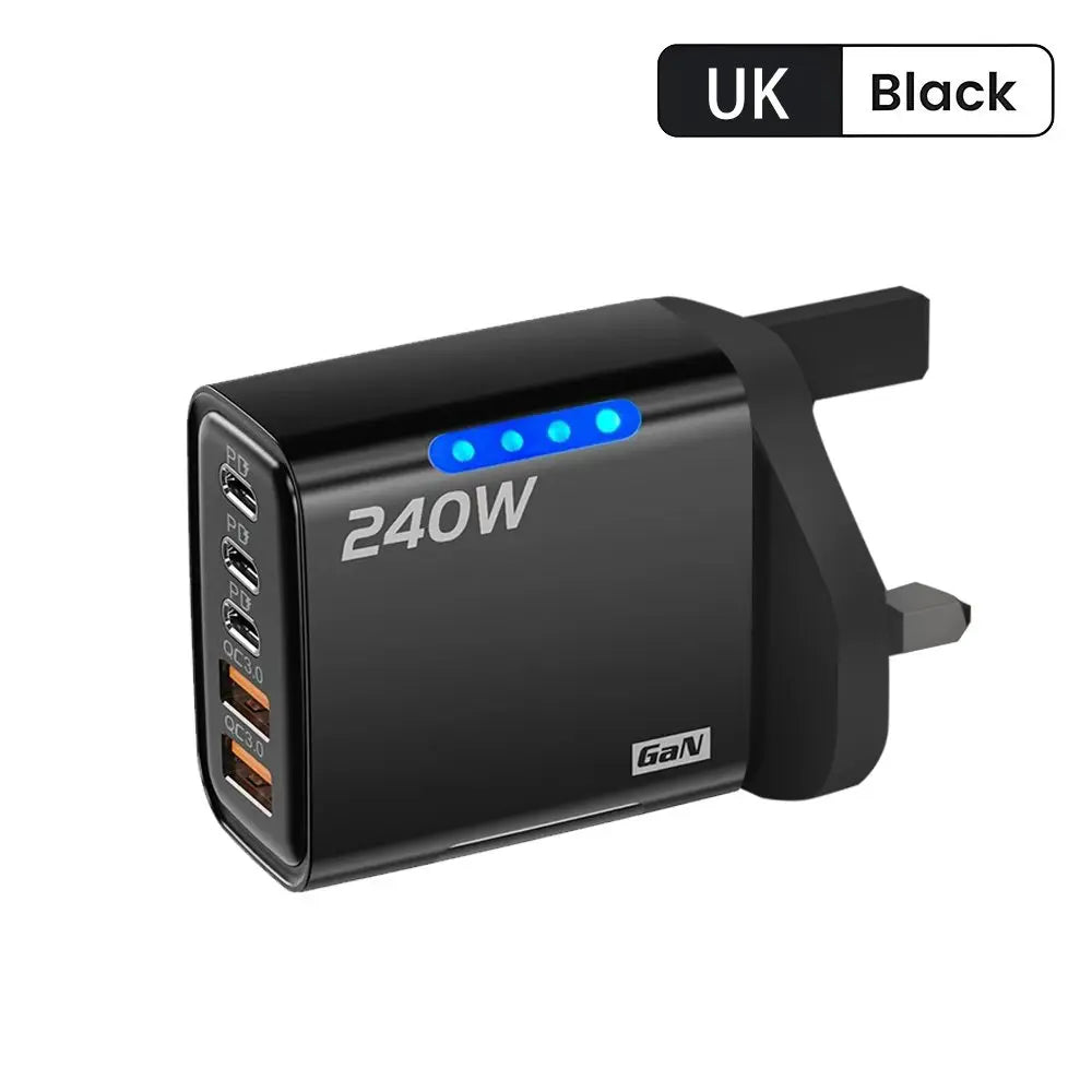 Cargador GaN 240W 5‑en‑1 con USB‑C y USB — Carga Rápida para Móvil y Portátil