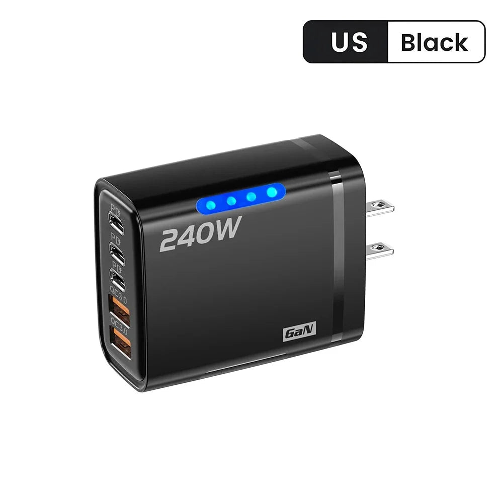 Cargador GaN 240W 5‑en‑1 con USB‑C y USB — Carga Rápida para Móvil y Portátil