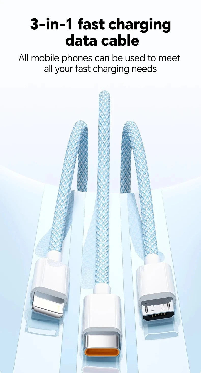 Cable de Carga Rápida 100W 3‑en‑1 — USB‑C / Micro USB / iPhone