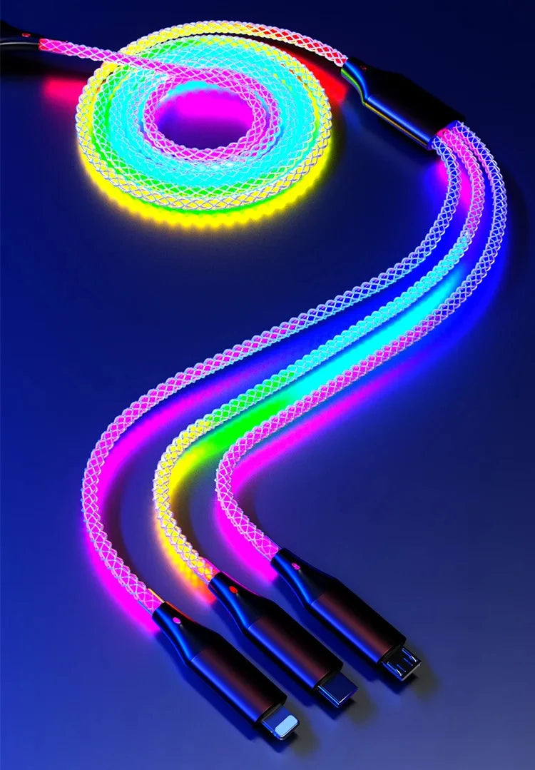 Cable de Carga Rápida 6A 3‑en‑1 con Luz RGB – USB‑C / Micro USB / iPhone (1.2m)