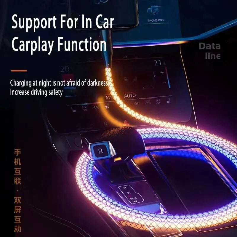 Cable de Carga Rápida 6A 3‑en‑1 con Luz RGB – USB‑C / Micro USB / iPhone (1.2m)