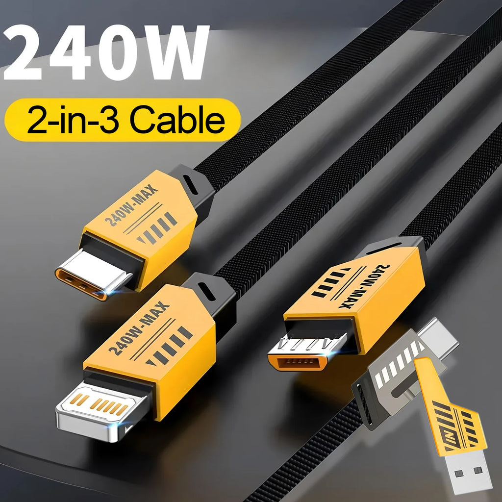 Cable de Carga Rápida 240W 3‑en‑2 — USB‑C / Micro USB / iPhone (1.2m)