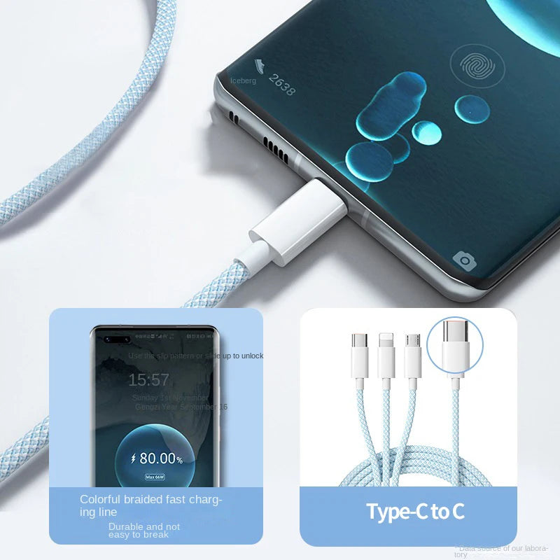 Cable de Carga Rápida 100W 3‑en‑1 — USB‑C / Micro USB / iPhone