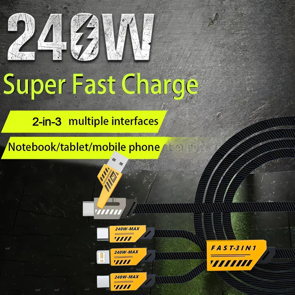 Cable de Carga Rápida 240W 3‑en‑2 — USB‑C / Micro USB / iPhone (1.2m)