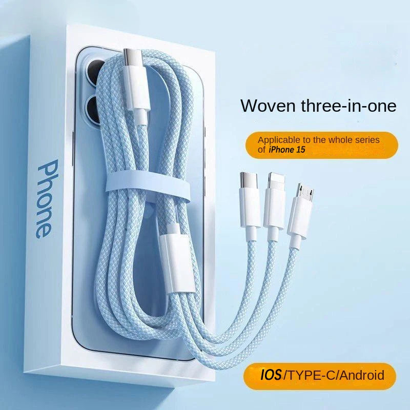 Cable de Carga Rápida 100W 3‑en‑1 — USB‑C / Micro USB / iPhone
