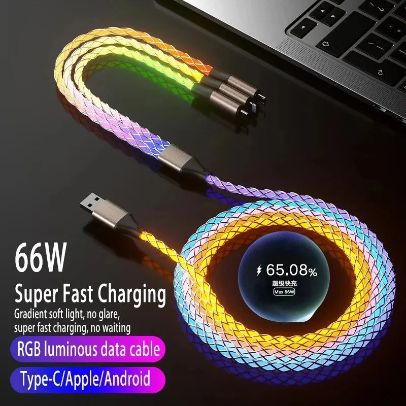Cable de Carga Rápida 6A 3‑en‑1 con Luz RGB – USB‑C / Micro USB / iPhone (1.2m)