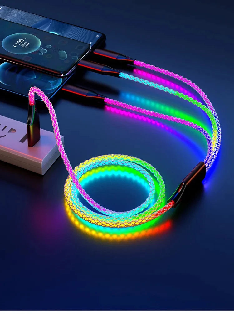 Cable de Carga Rápida 6A 3‑en‑1 con Luz RGB – USB‑C / Micro USB / iPhone (1.2m)