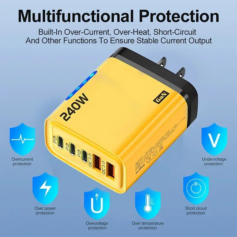 Cargador GaN 240W 5‑en‑1 con USB‑C y USB — Carga Rápida para Móvil y Portátil