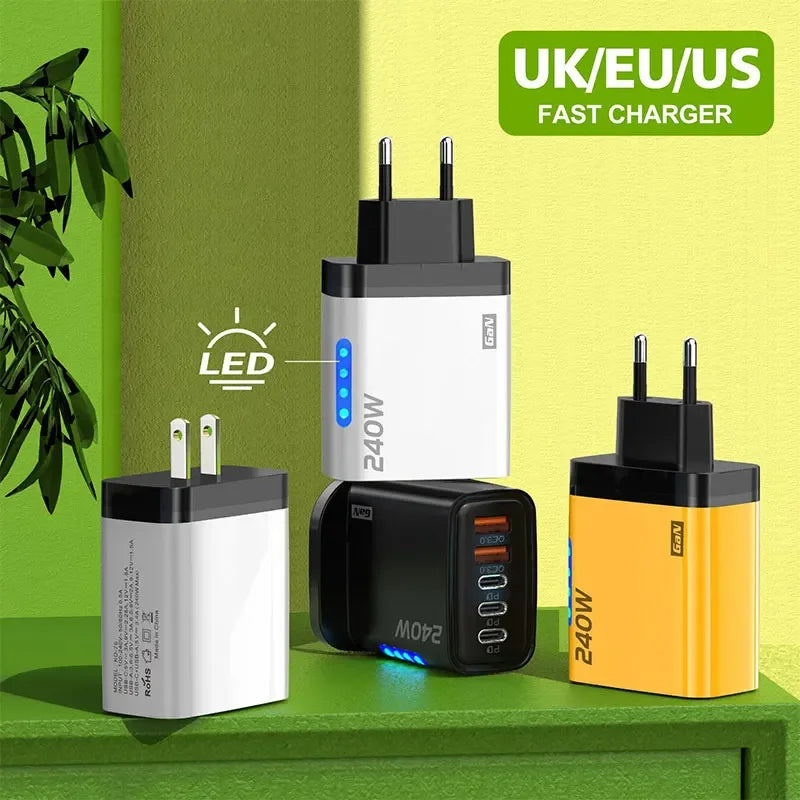 Cargador GaN 240W 5‑en‑1 con USB‑C y USB — Carga Rápida para Móvil y Portátil