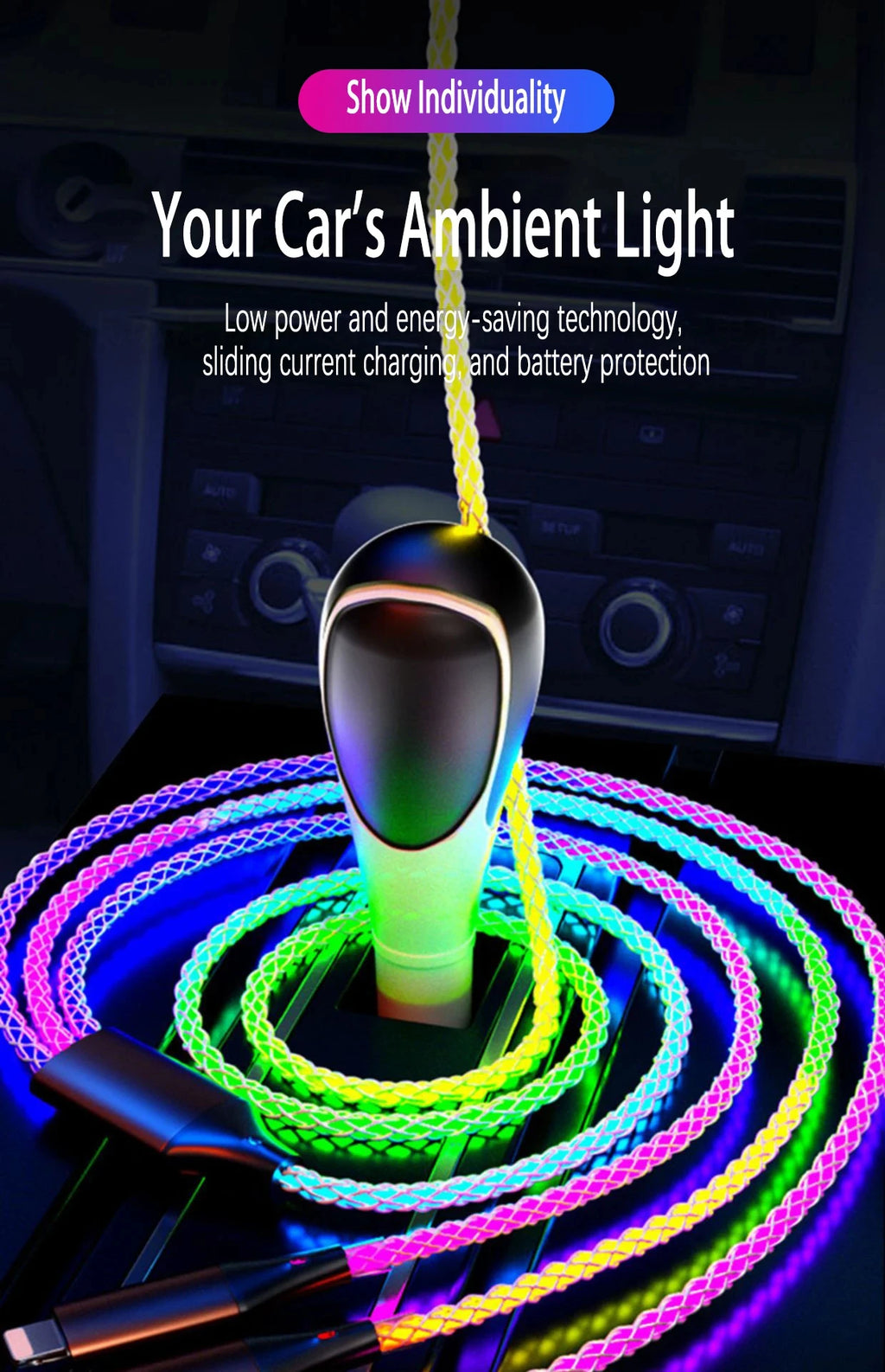 Cable de Carga Rápida 6A 3‑en‑1 con Luz RGB – USB‑C / Micro USB / iPhone (1.2m)