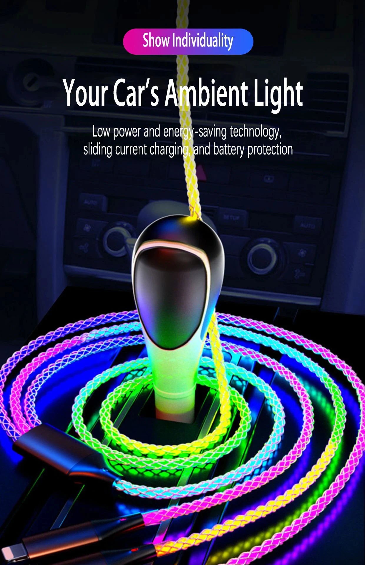 Cable de Carga Rápida 6A 3‑en‑1 con Luz RGB – USB‑C / Micro USB / iPhone (1.2m)
