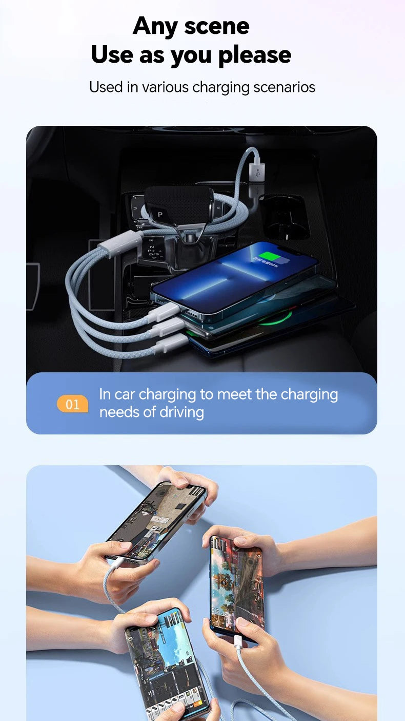Cable de Carga Rápida 100W 3‑en‑1 — USB‑C / Micro USB / iPhone
