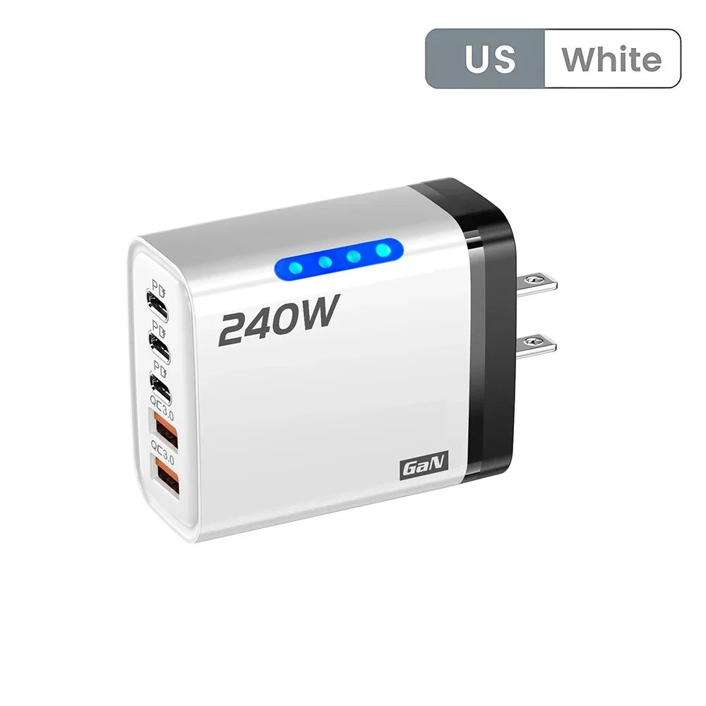 Cargador GaN 240W 5‑en‑1 con USB‑C y USB — Carga Rápida para Móvil y Portátil