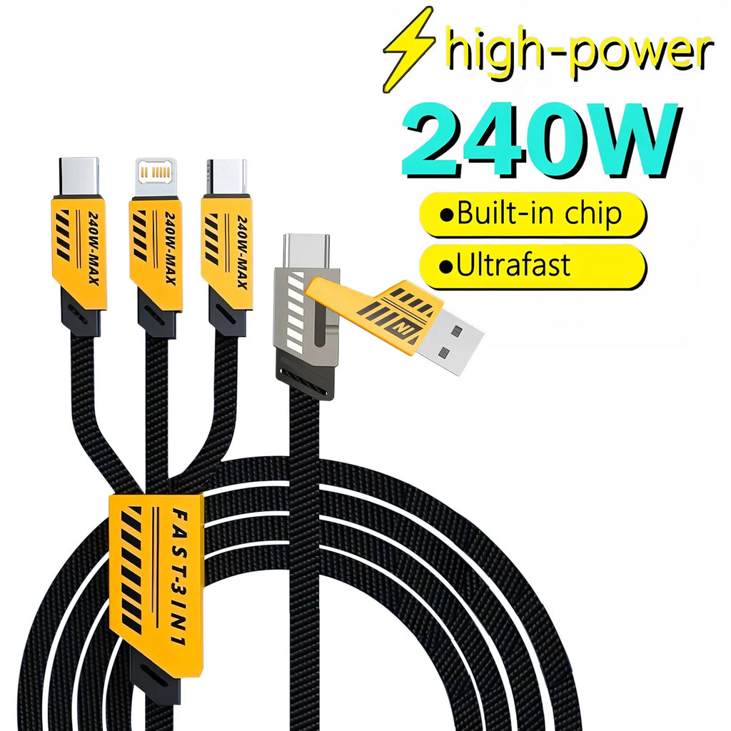 Cable de Carga Rápida 240W 3‑en‑2 — USB‑C / Micro USB / iPhone (1.2m)