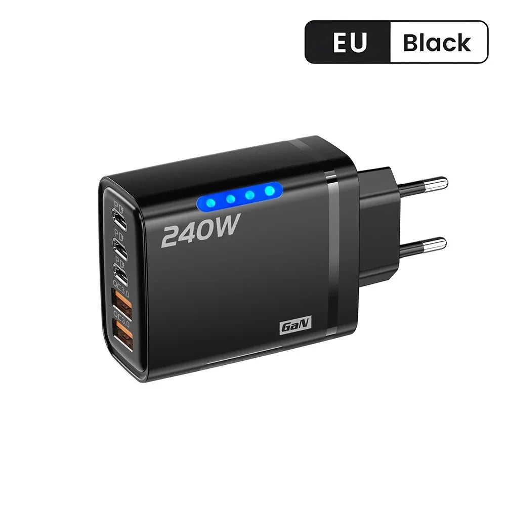Cargador GaN 240W 5‑en‑1 con USB‑C y USB — Carga Rápida para Móvil y Portátil
