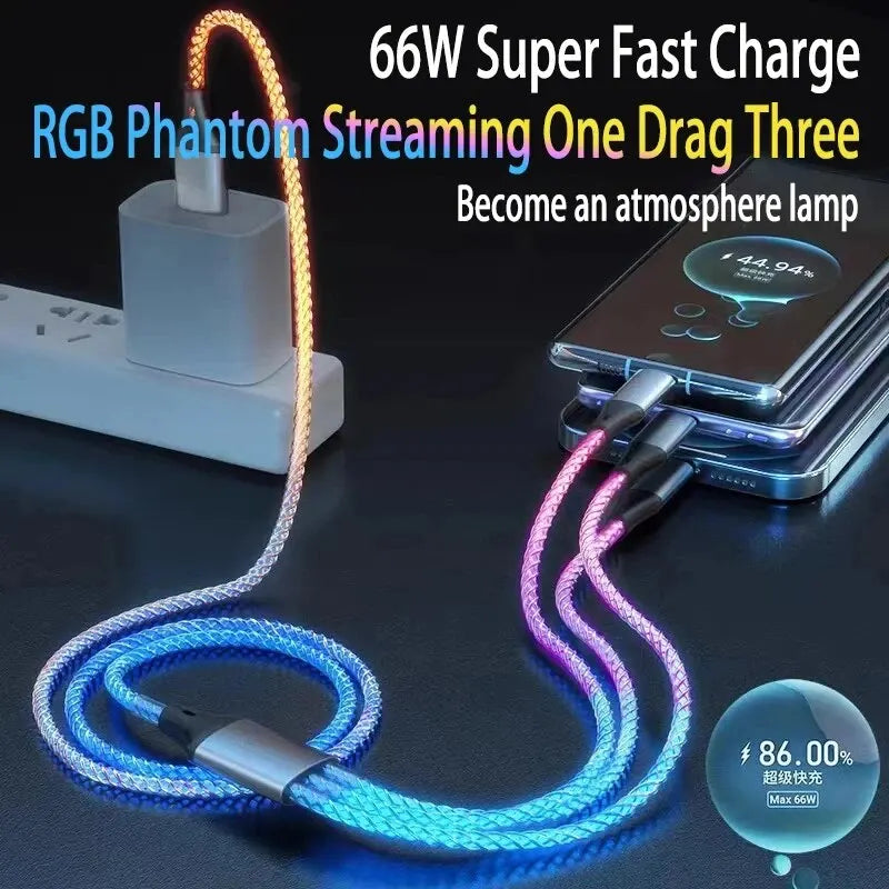 Cable de Carga Rápida 6A 3‑en‑1 con Luz RGB – USB‑C / Micro USB / iPhone (1.2m)